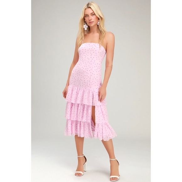 Lulus Dresses & Skirts - Lulus Pink Polka Dot Tiered Midi Dress Adjustable Straps XL NWT